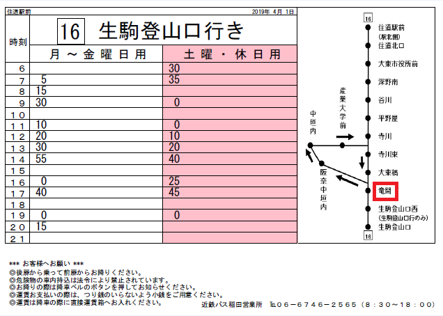 生駒登山口行　時刻表