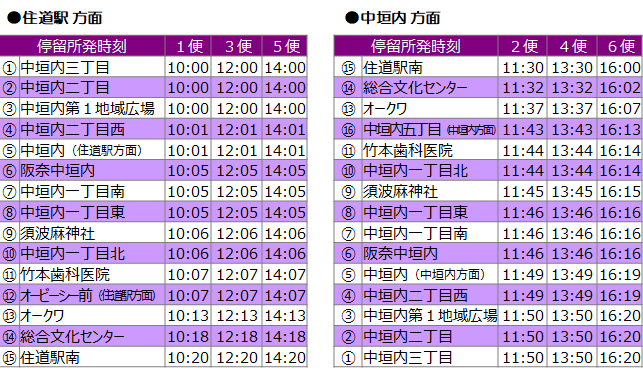 中垣内コース　ダイヤ表